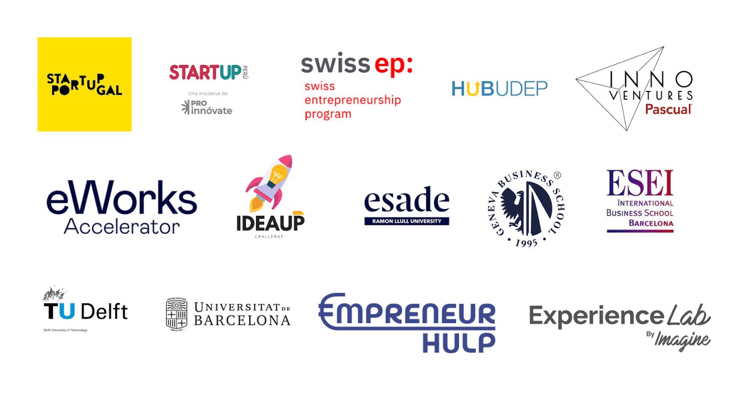 Startup Portugal, Startup Perú, Swiss EP, HUB UDEP, Inno Ventures Pascual, eWorks Accelerator, IDEAUP Challenge, ESADE, Geneva Business School, ESEI International Business School, TU Delft, Universitat de Barcelona, Empreneur HULP, ExperienceLab by Imagine